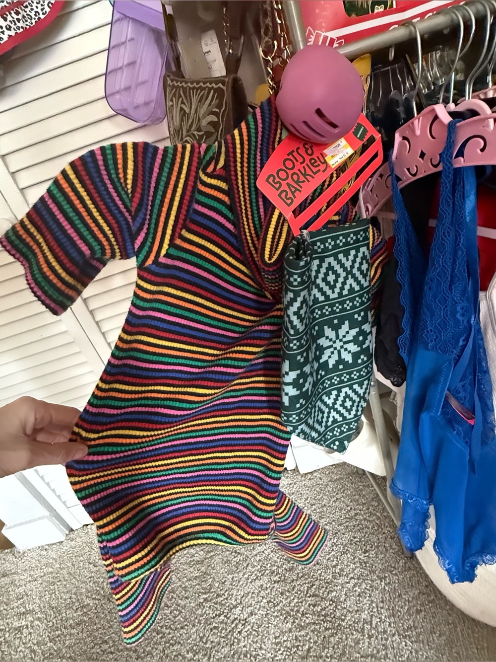 Boots & Barkley Rainbow Striped Knit Dog Sweater, toy & bandana Medium